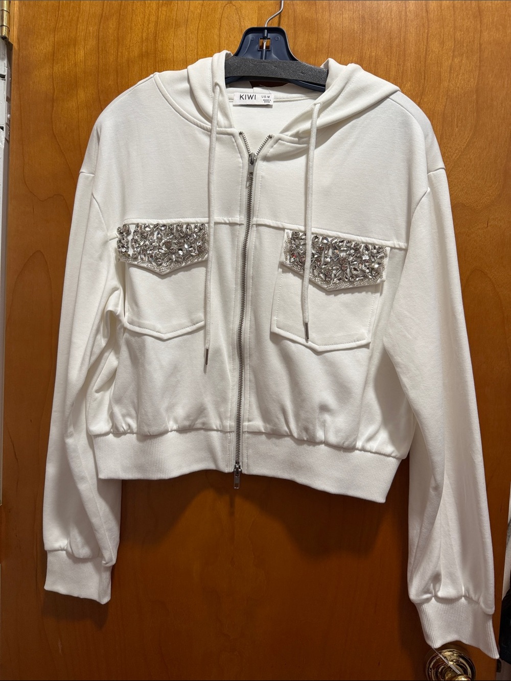 KIWI White Cropped Zip Hoodie with Silver Embellished Pockets